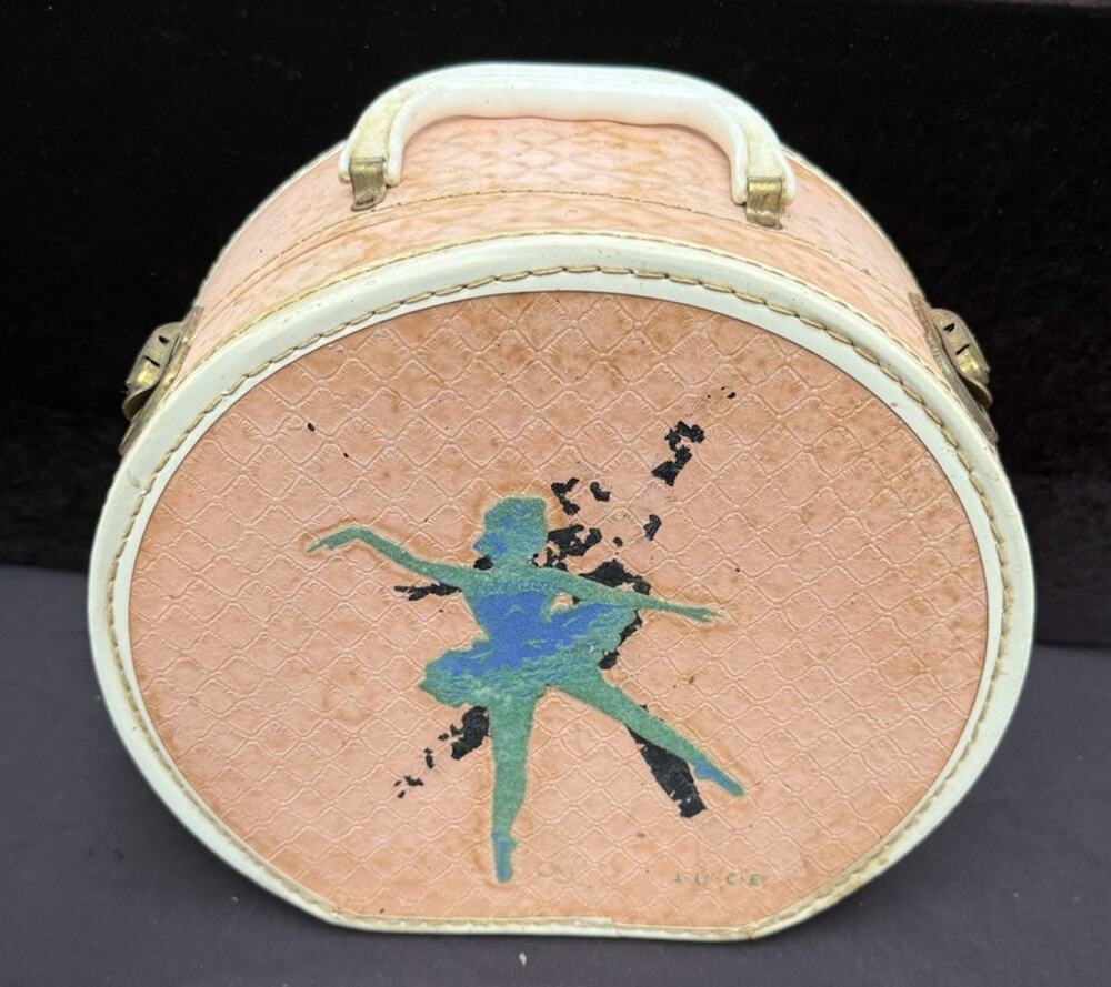 Vintage Pink Luce Ballet Doll/Child Travel Case Toy Suitcase Round